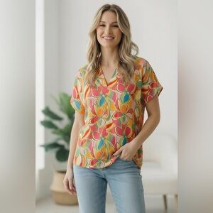V-Neck Floral Geo Print Short Sleeve Top - Pink & Yellow